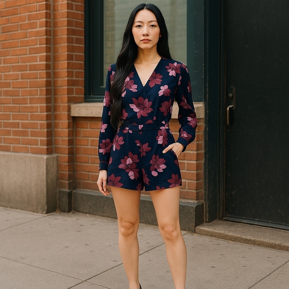 Loft | Floral Romper Navy/Purple Size 00 - Picture 3 of 5